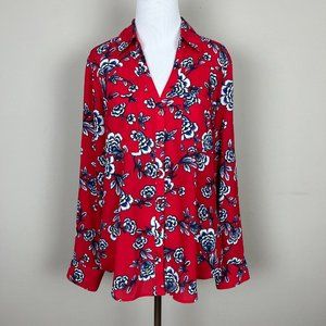 Express Portofino Blouse‎ Top Medium Red Floral Roll Tab Sleeve Slim Fit Career